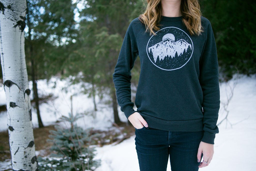 Night Sky Crewneck sweatshirt featuring a unique screen printed design in gray ink, made from soft cotton and polyester blend fabric.