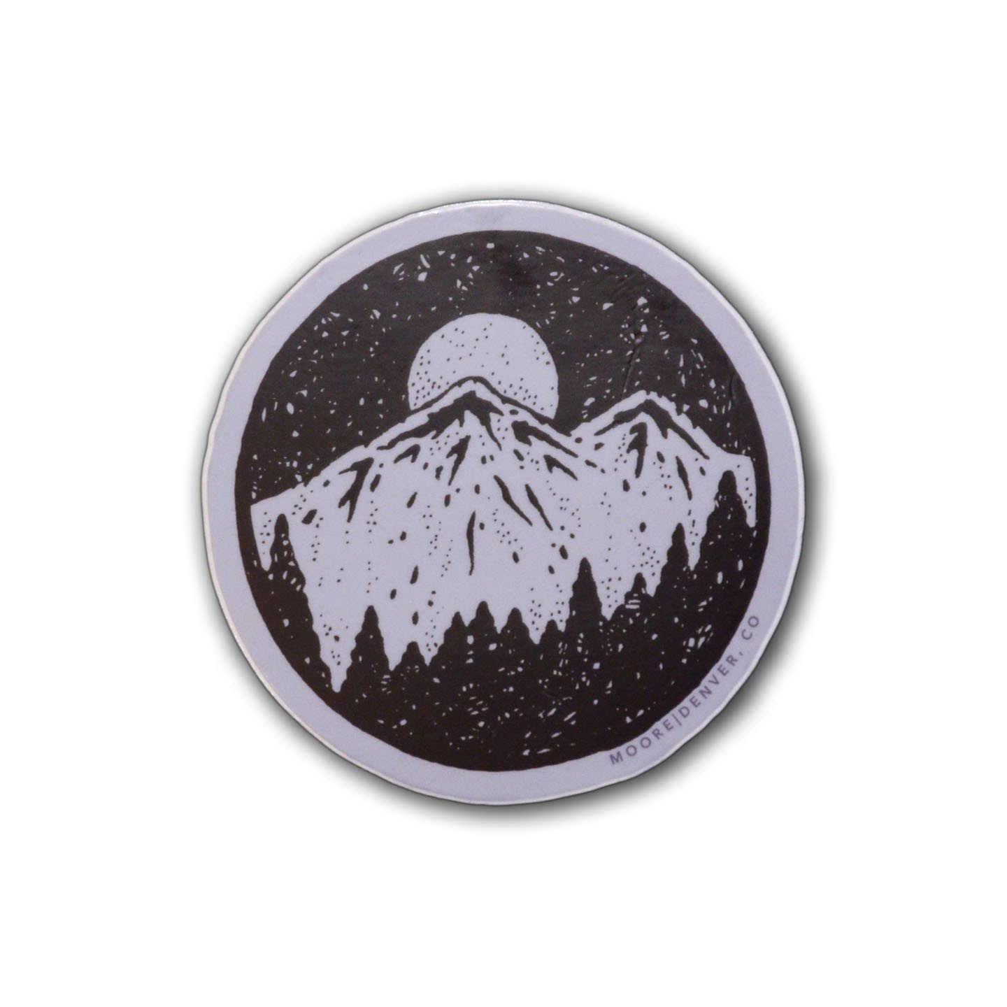 A waterproof vinyl sticker featuring a beautiful night sky design with stars and mountains, showcasing a matte finish.