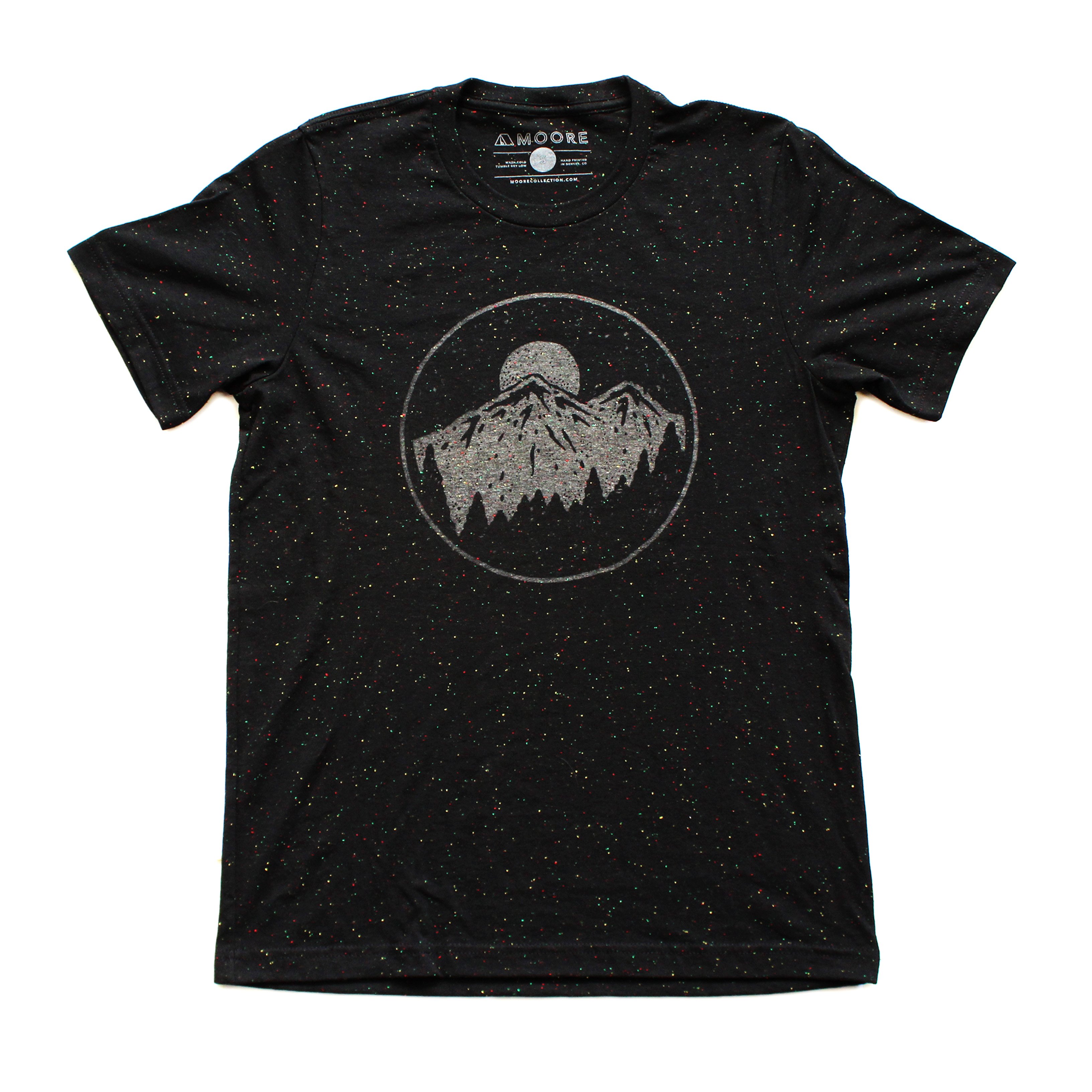 Night Sky Tee in speckled black with gray ink, showcasing a starry design, perfect for outdoor enthusiasts.