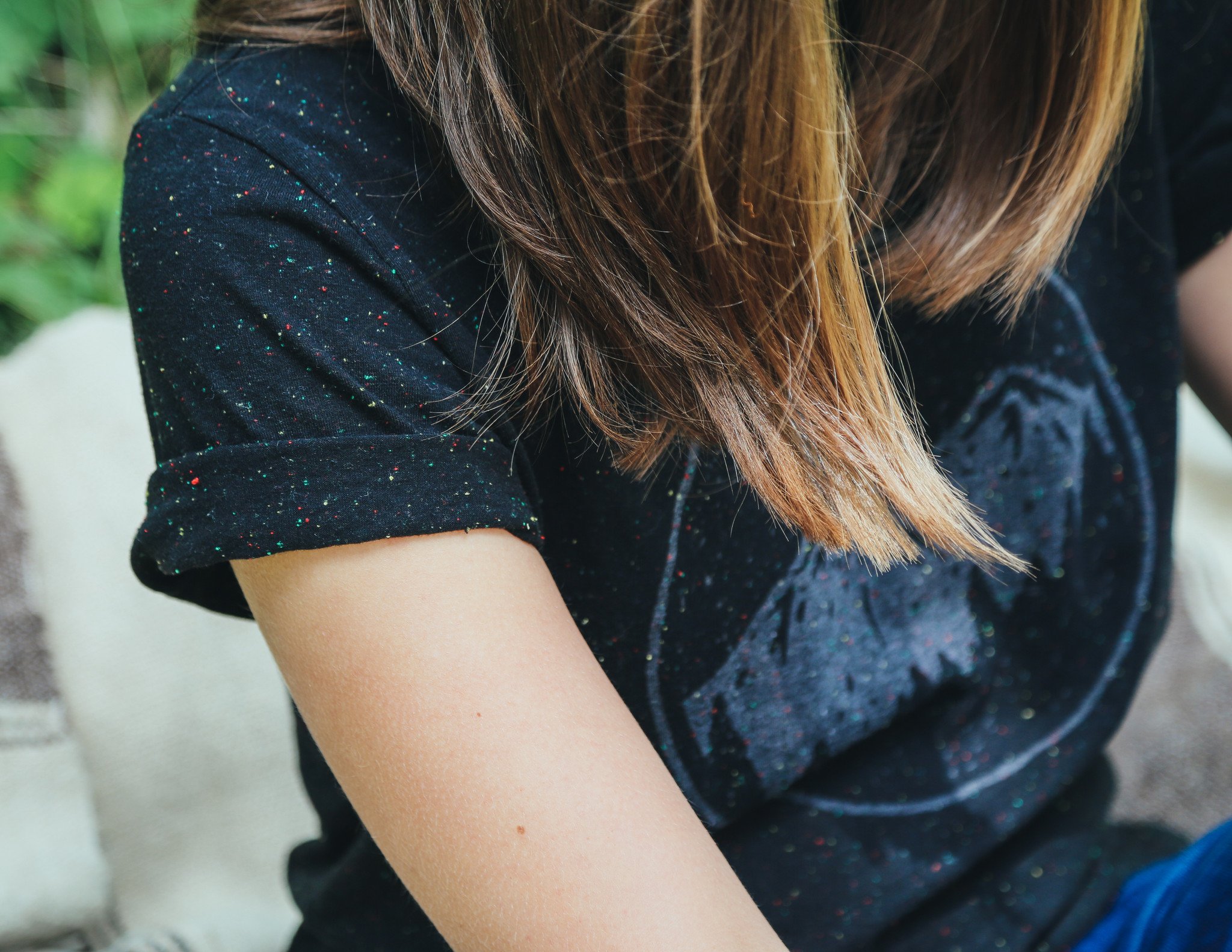 Night Sky Tee in speckled black with gray ink, showcasing a starry design, perfect for outdoor enthusiasts.