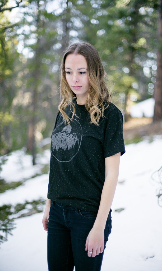 Night Sky Tee in speckled black with gray ink, showcasing a starry design, perfect for outdoor enthusiasts.