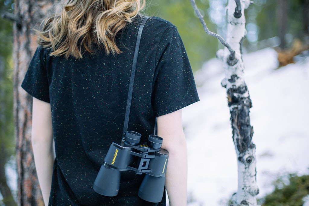 Night Sky Tee in speckled black with gray ink, showcasing a starry design, perfect for outdoor enthusiasts.