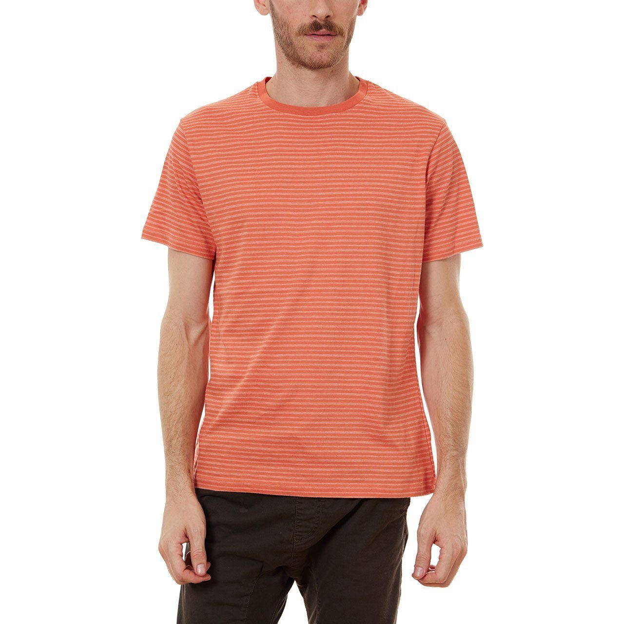 Nixon Striped Tee featuring thin stripes, short sleeves, and a crew neck design, made from eco-friendly materials.