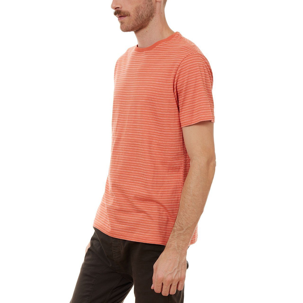 Nixon Striped Tee featuring thin stripes, short sleeves, and a crew neck design, made from eco-friendly materials.