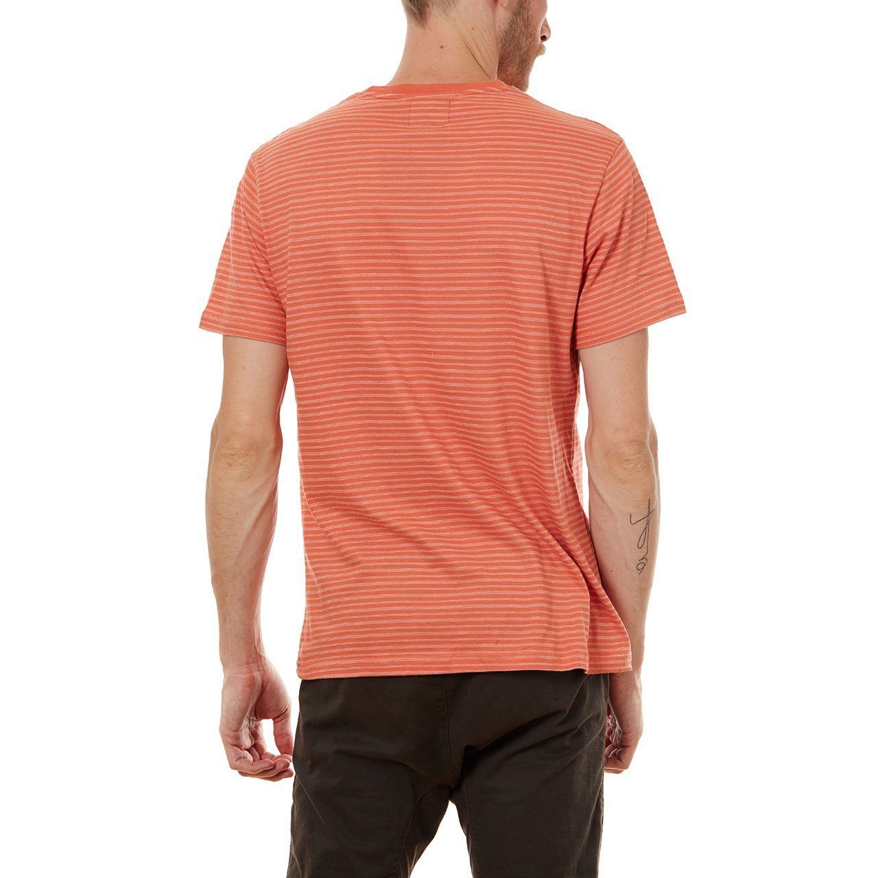 Nixon Striped Tee featuring thin stripes, short sleeves, and a crew neck design, made from eco-friendly materials.