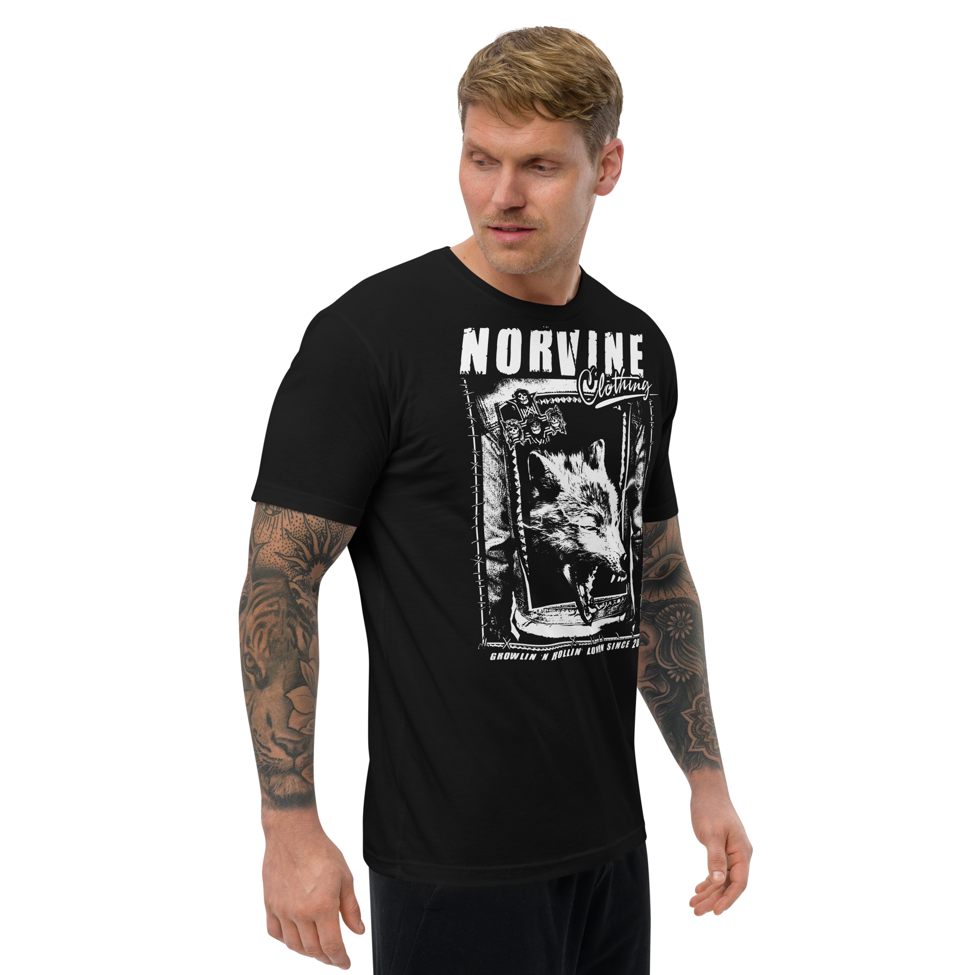 Norvine Wolf Tee in Heather Grey, showcasing its soft fabric and comfortable fit.