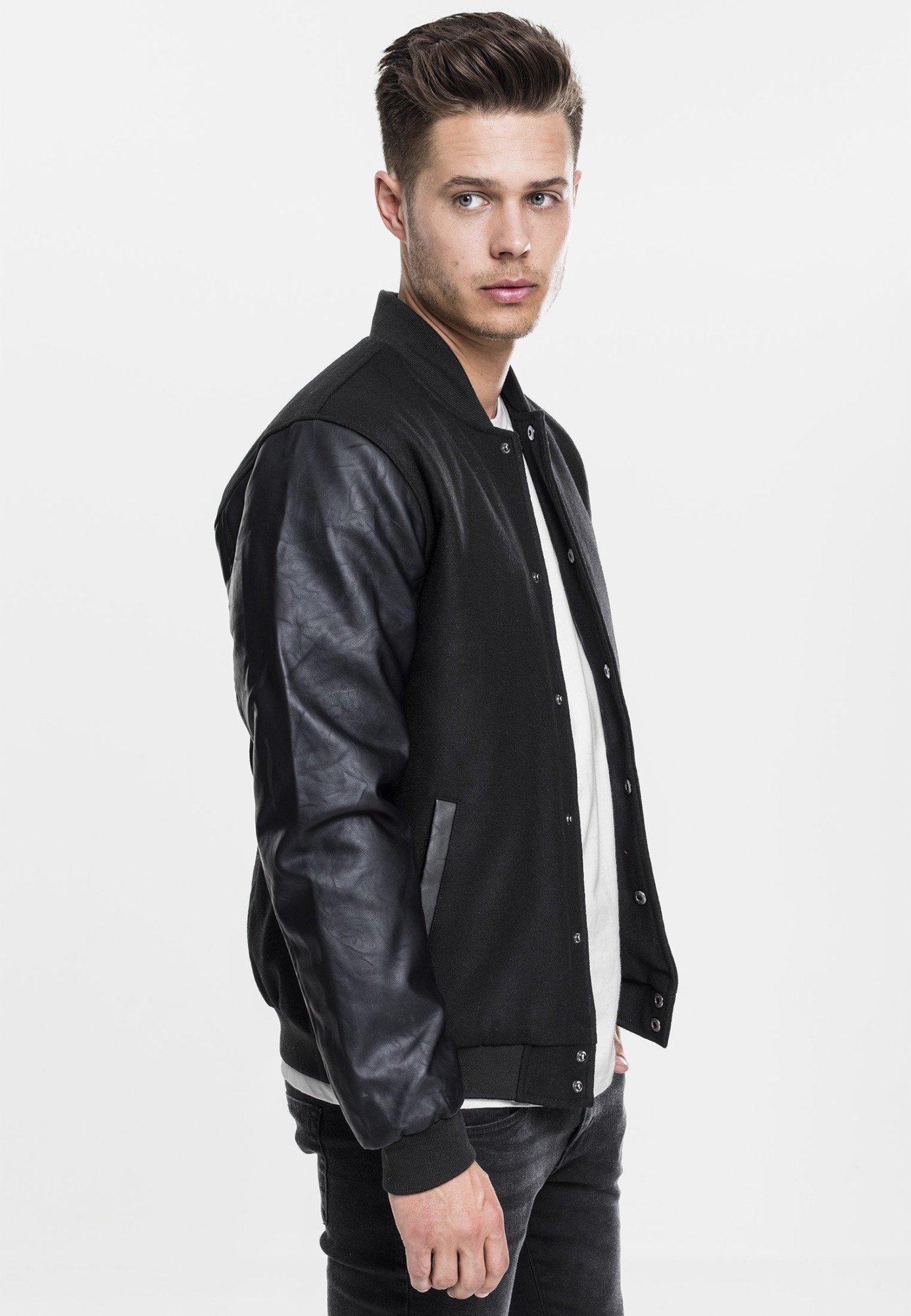 Oldschool College Jacket featuring a sporty design with nylon upper and faux leather sleeves, perfect for everyday wear.