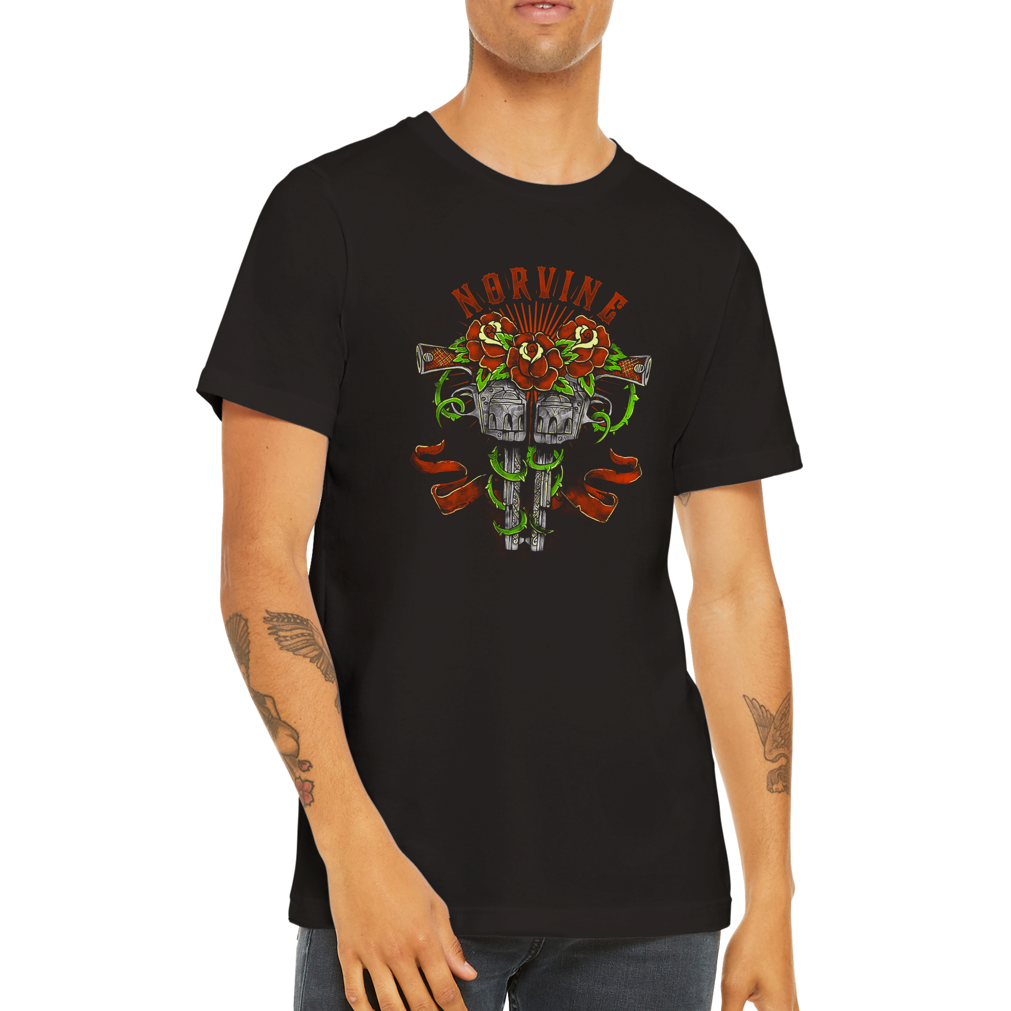 Oldschool Tattoo Guns T-Shirt featuring a classic crew neck and short sleeves, made from premium combed cotton.