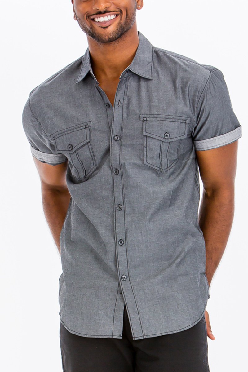 Outline Stitch Short Sleeve Button Down Shirt in various colors with stylish design and button-down collar.