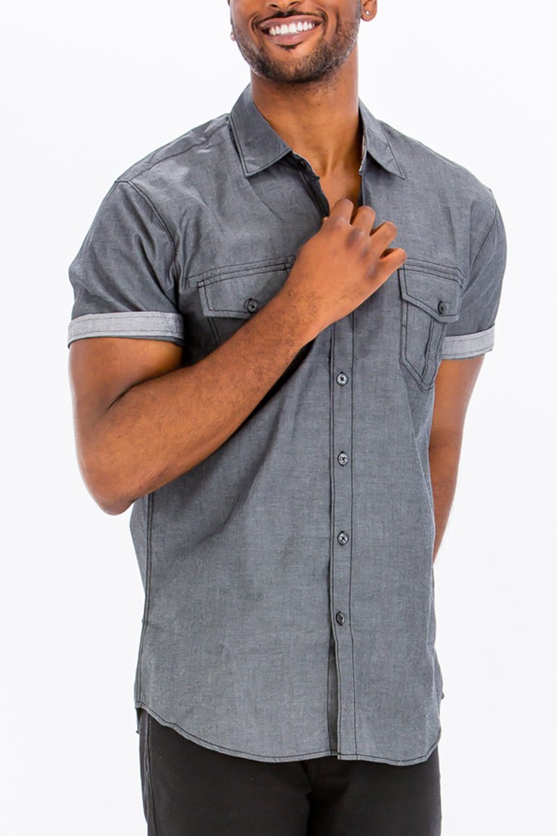 Outline Stitch Short Sleeve Button Down Shirt in various colors with stylish design and button-down collar.