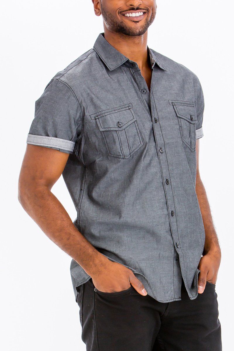 Outline Stitch Short Sleeve Button Down Shirt in various colors with stylish design and button-down collar.