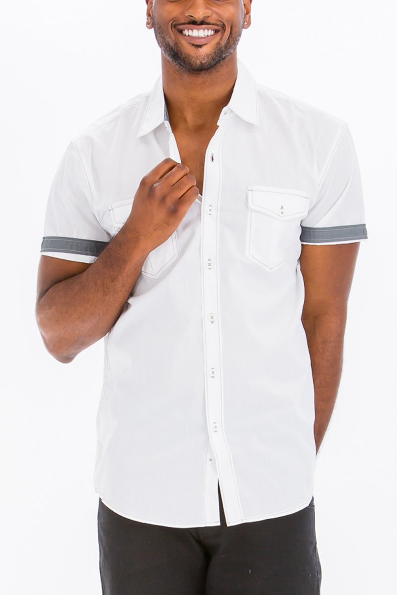 Outline Stitch Two Pocket Shirt in solid color with short sleeves and buttoned chest pockets, showcasing a casual and stylish design.