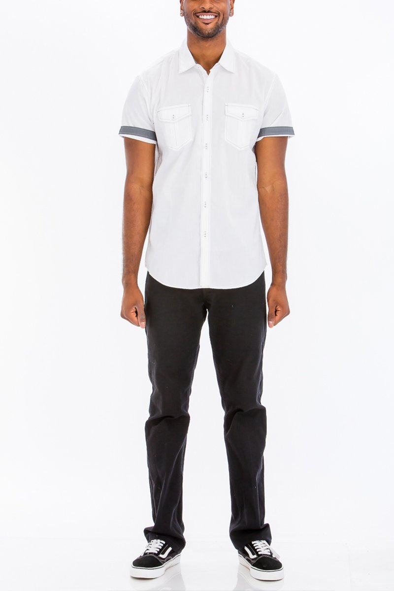 Outline Stitch Two Pocket Shirt in solid color with short sleeves and buttoned chest pockets, showcasing a casual and stylish design.