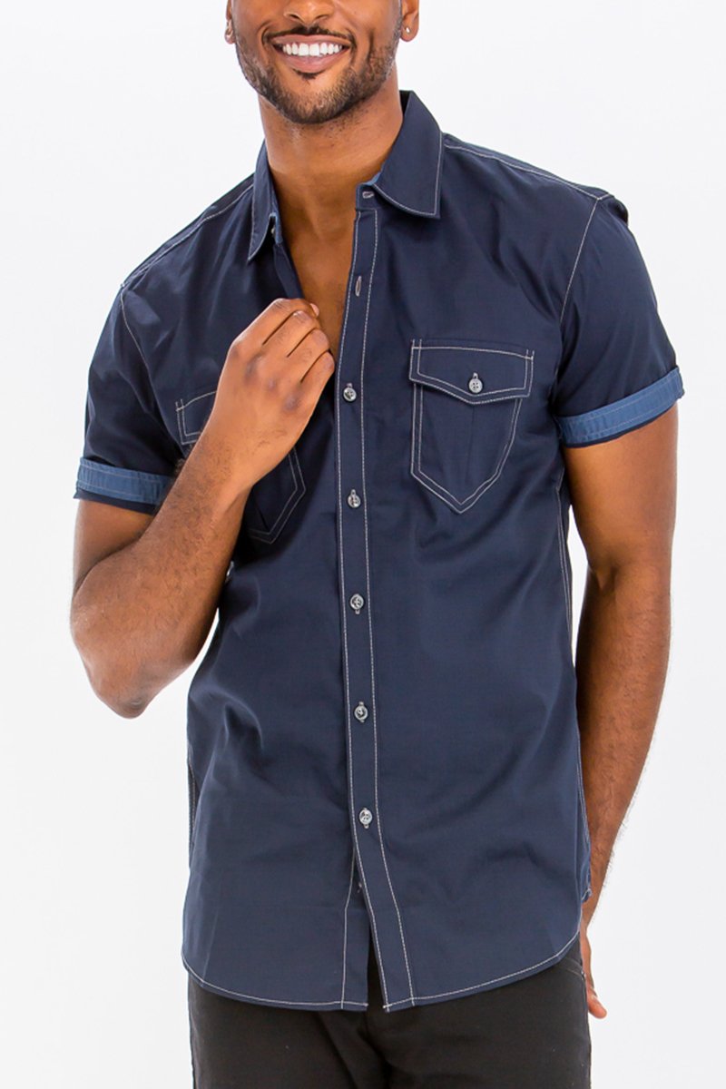 Outline Stitch Two Pocket Shirt in solid color with short sleeves and two chest pockets, showcasing a casual and stylish design.