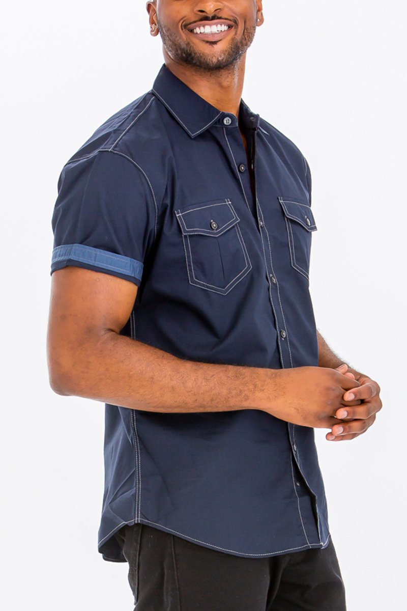 Outline Stitch Two Pocket Shirt in solid color with short sleeves and two chest pockets, showcasing a casual and stylish design.