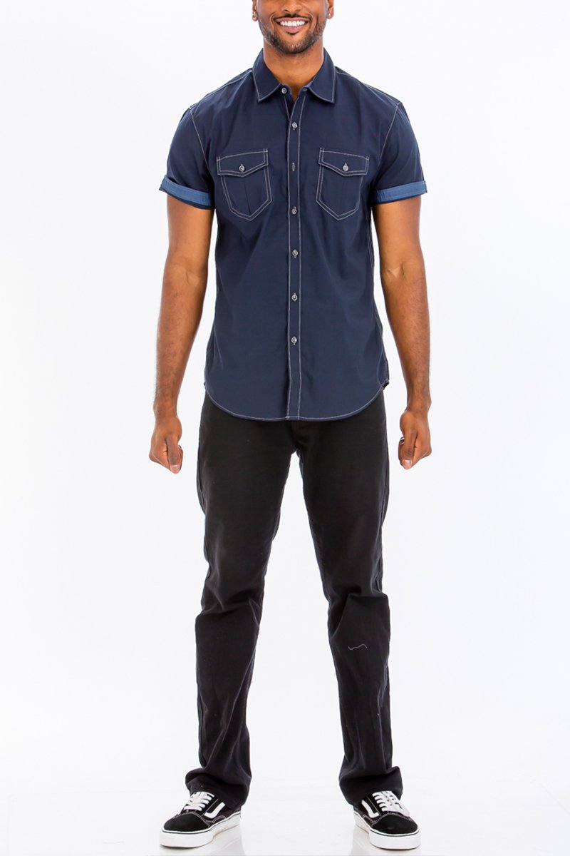 Outline Stitch Two Pocket Shirt in solid color with short sleeves and two chest pockets, showcasing a casual and stylish design.