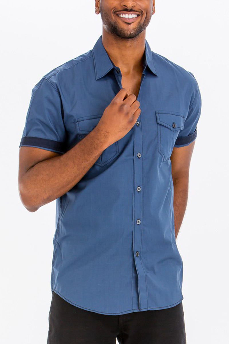 Outline Stitch Two Pocket Shirt in solid color with short sleeves and two buttoned chest pockets, designed for casual wear.