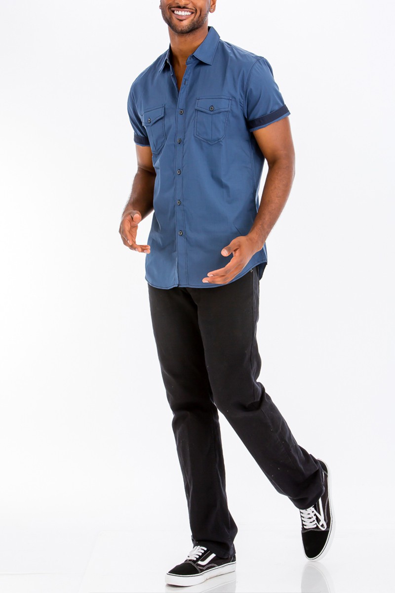 Outline Stitch Two Pocket Shirt in solid color with short sleeves and two buttoned chest pockets, designed for casual wear.