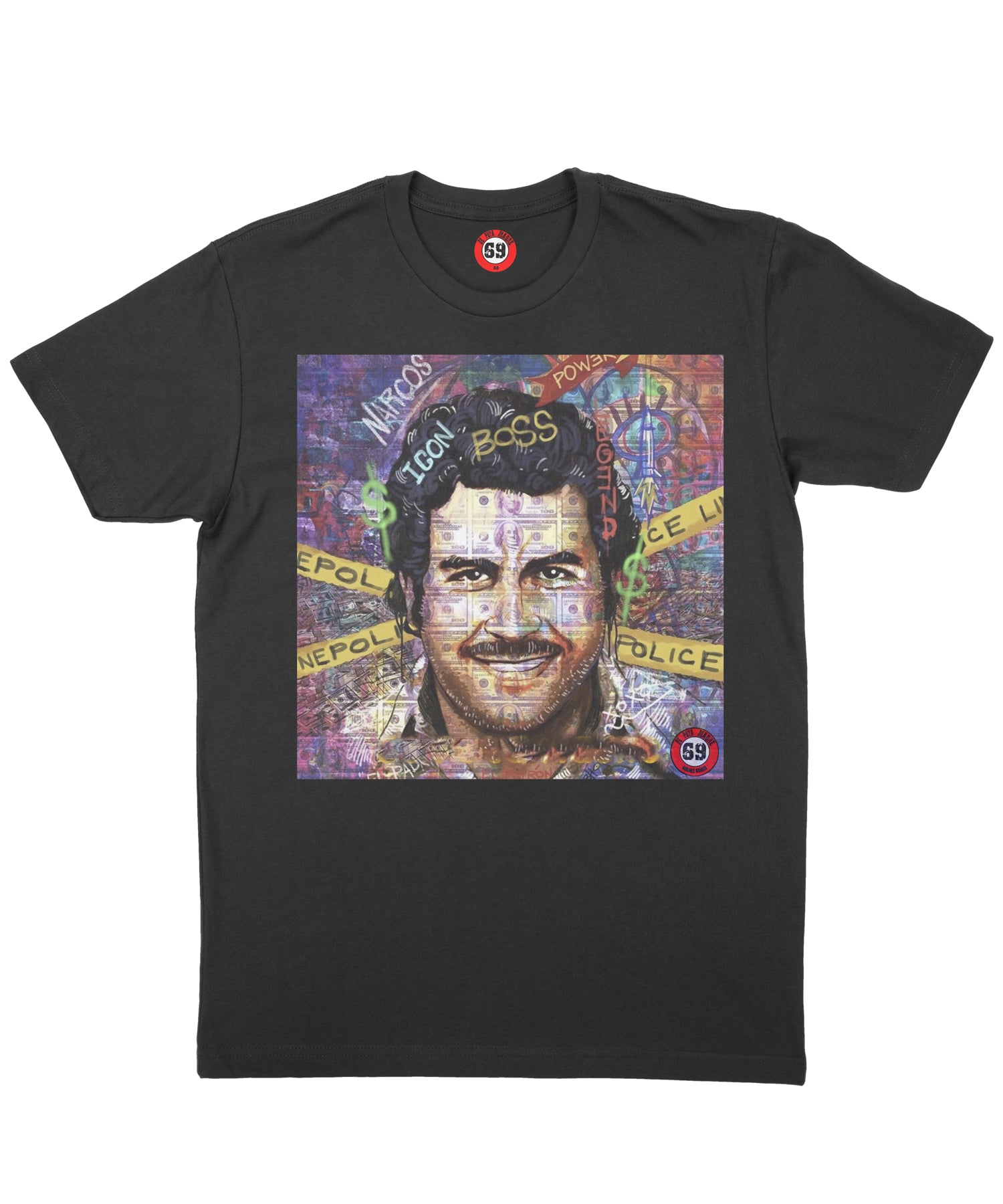 Pablo Escobar el Padron T-shirt featuring unique handmade prints and the DPM69 logo, showcasing Italian streetwear style.