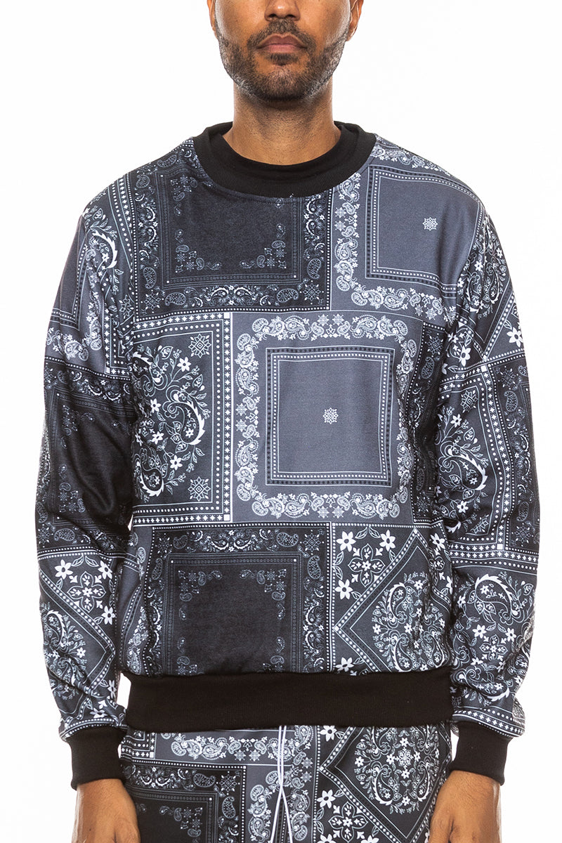 A stylish paisley all over print crewneck featuring a round neck and regular fit, perfect for casual wear.