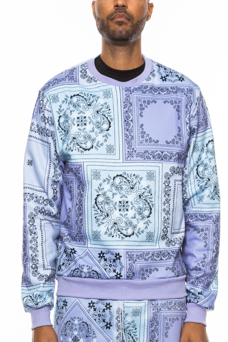 A stylish paisley all over print crewneck featuring a round neck and regular fit, perfect for casual wear.