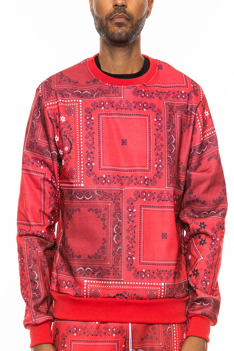 A stylish paisley all over print crewneck featuring a round neck and regular fit, perfect for casual wear.