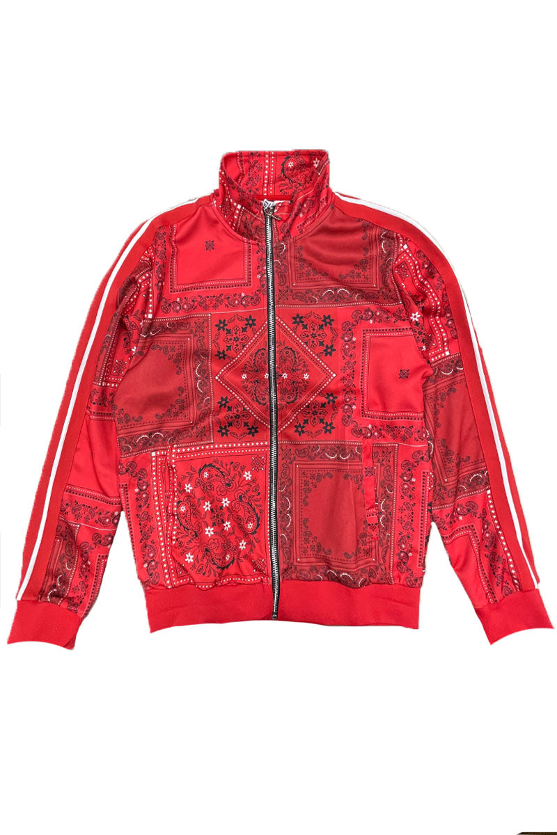 A stylish paisley all over print track jacket featuring a full zip design and collar, perfect for casual wear.