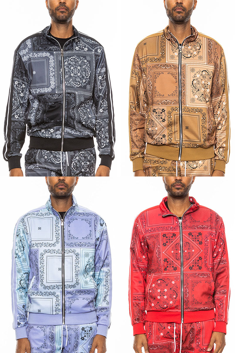 A stylish paisley all over print track jacket featuring a full zip design and collar, perfect for casual wear.