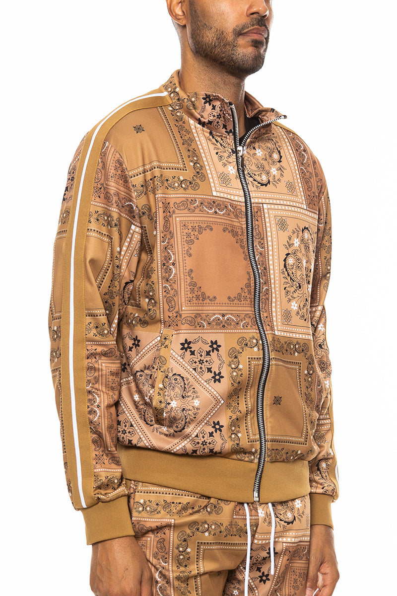 A stylish paisley all over print track jacket featuring a full zip design and collar, perfect for casual wear.