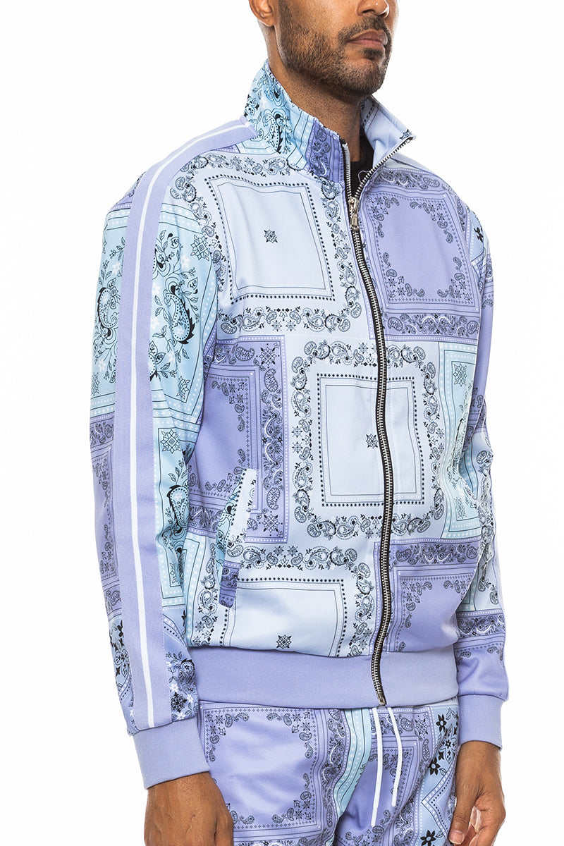 A stylish paisley all over print track jacket featuring a full zip design and collar, perfect for casual wear.