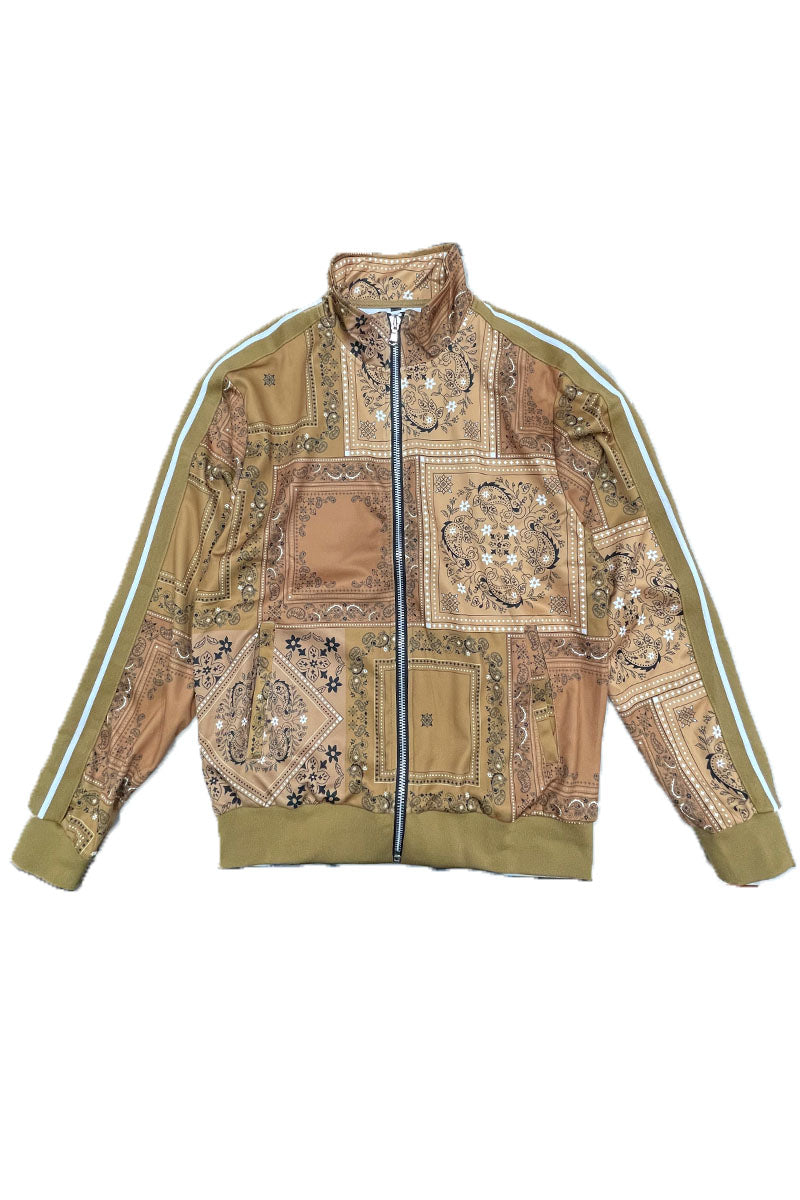 A stylish paisley all over print track jacket featuring a full zip design and collar, perfect for casual wear.