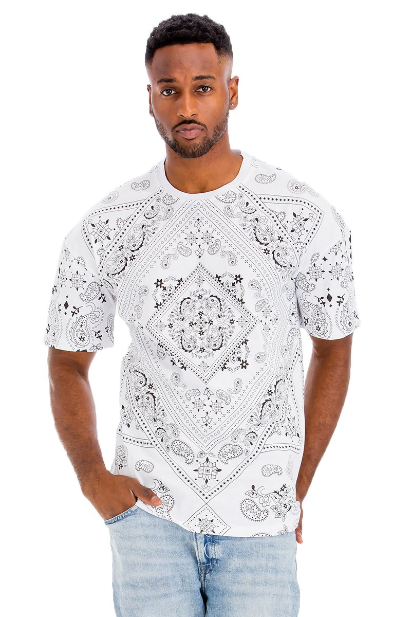 A stylish paisley crew t-shirt made from 100% cotton, showcasing a comfortable fit and elegant design.