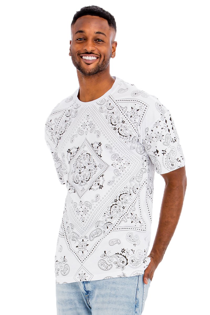 A stylish paisley crew t-shirt made from 100% cotton, showcasing a comfortable fit and elegant design.