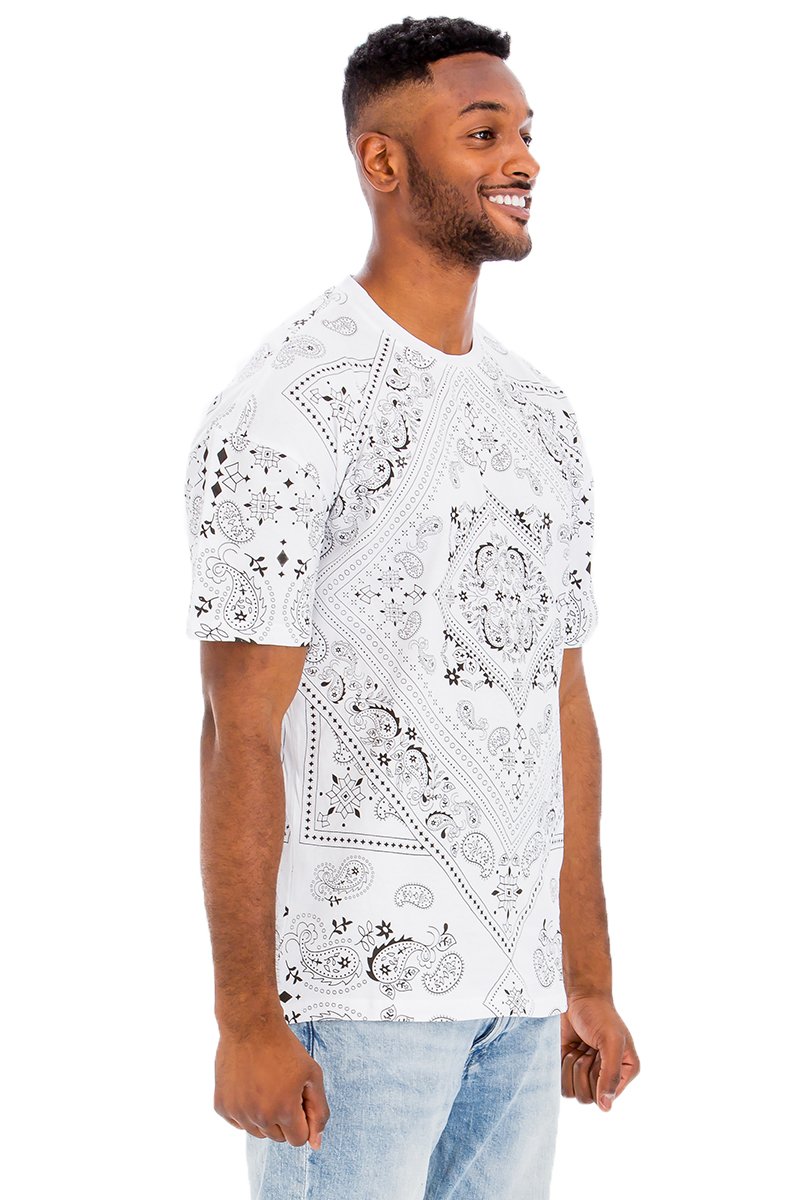 A stylish paisley crew t-shirt made from 100% cotton, showcasing a comfortable fit and elegant design.