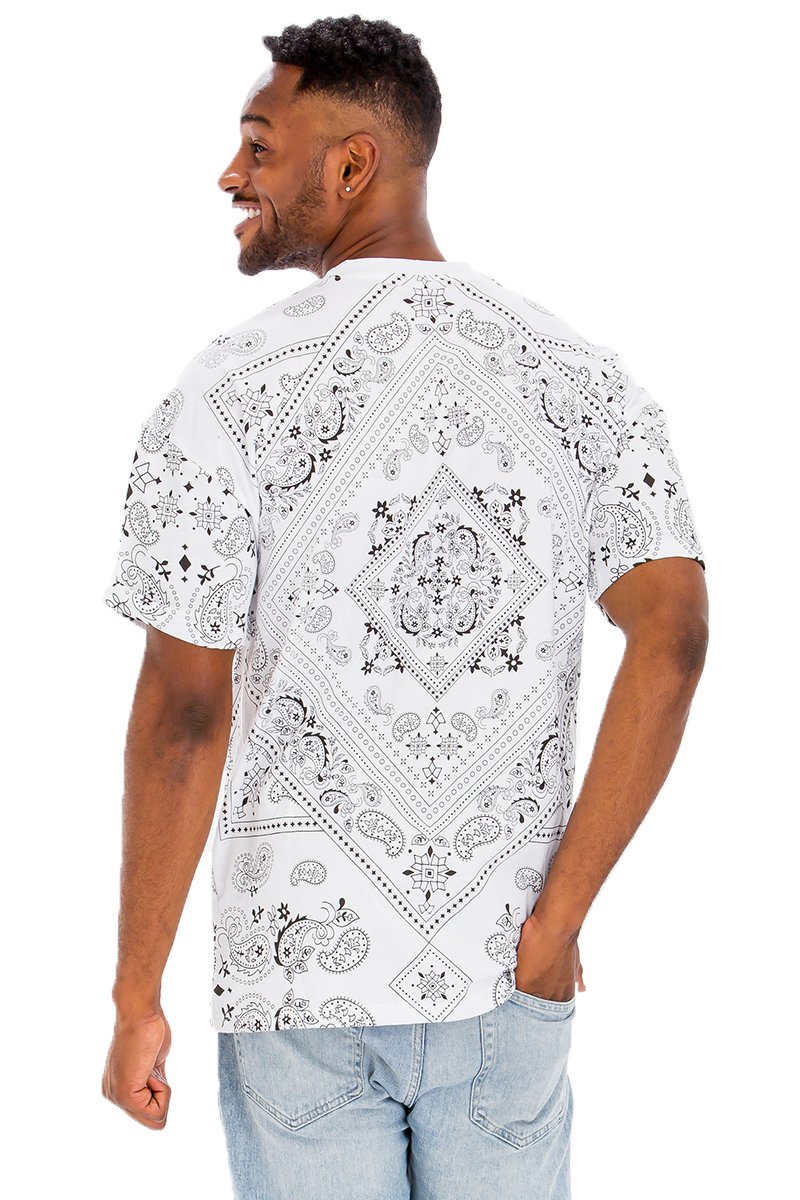 A stylish paisley crew t-shirt made from 100% cotton, showcasing a comfortable fit and elegant design.