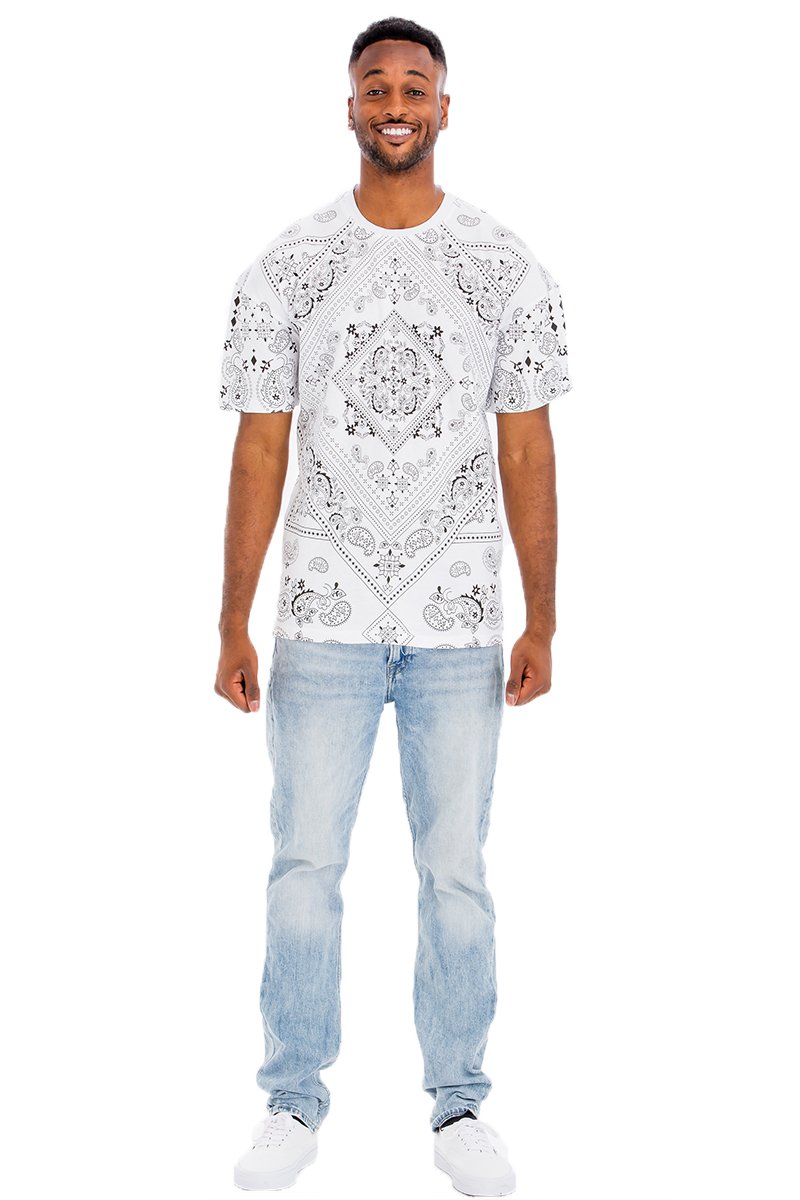 A stylish paisley crew t-shirt made from 100% cotton, showcasing a comfortable fit and elegant design.