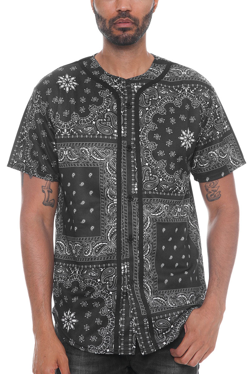 A stylish paisley print baseball jersey featuring a button closure and regular fit, made from 100% polyester.