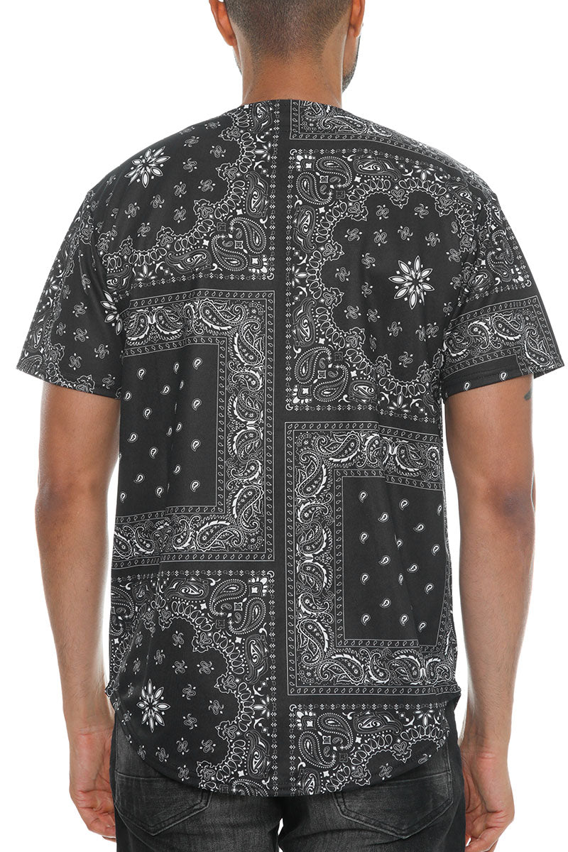 A stylish paisley print baseball jersey featuring a button closure and regular fit, made from 100% polyester.