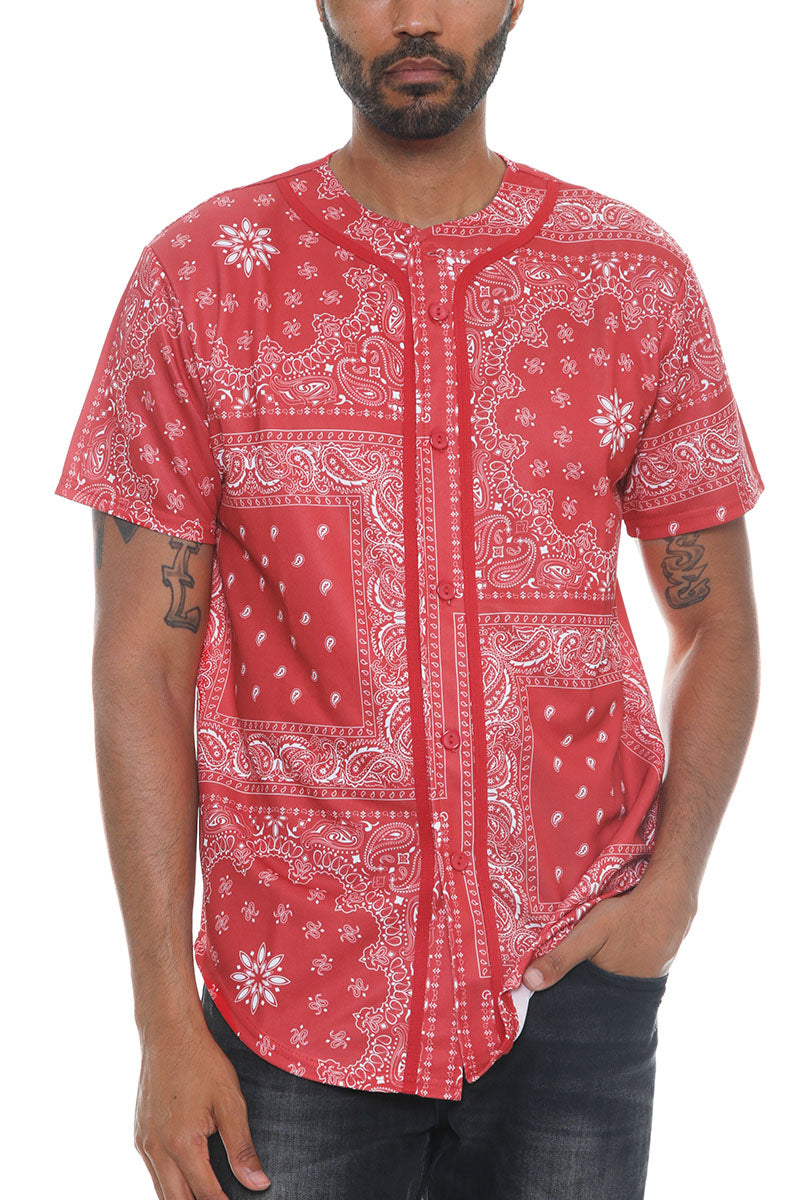 A stylish paisley print baseball jersey featuring a button closure and regular fit, made from 100% polyester.