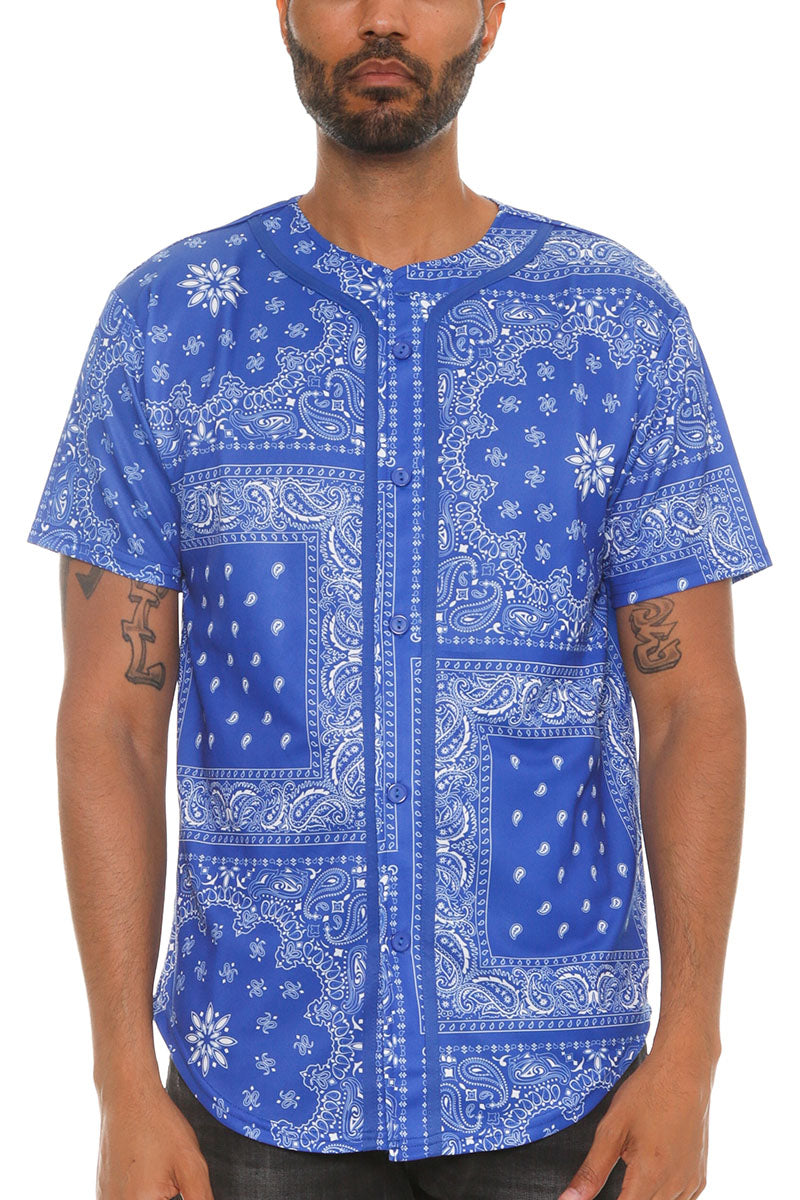 A stylish paisley print baseball jersey featuring a button closure and regular fit, made from 100% polyester.