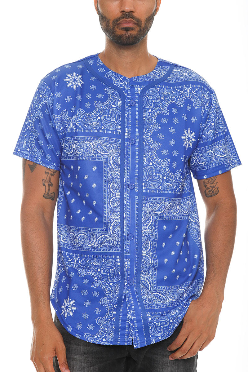 A stylish paisley print baseball jersey featuring a button closure and regular fit, made from 100% polyester.