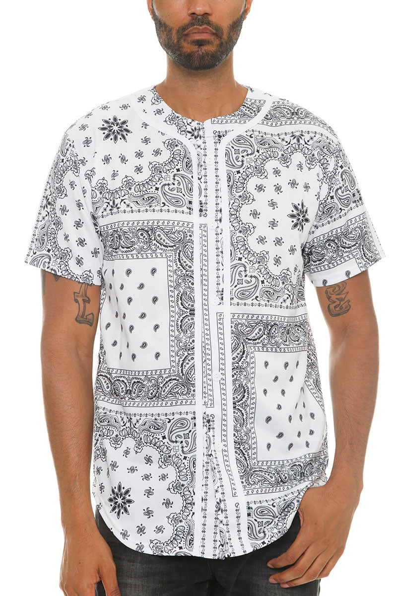 A stylish paisley print baseball jersey featuring a button closure and regular fit, made from 100% polyester.