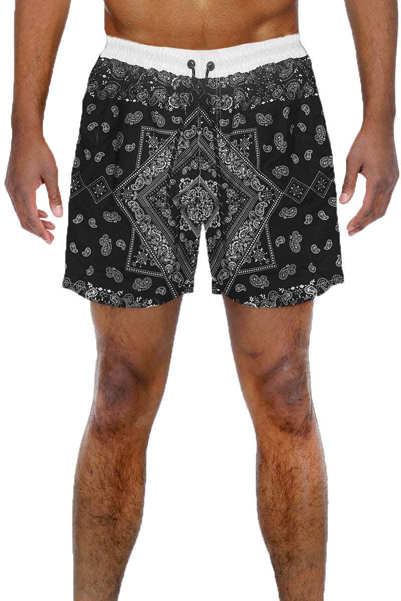 Vibrant paisley print swim shorts with mesh lining and pockets, perfect for summer beach outings.