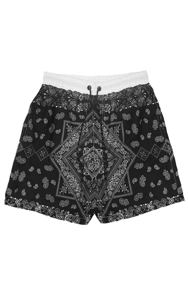 Vibrant paisley print swim shorts with mesh lining and pockets, perfect for summer beach outings.