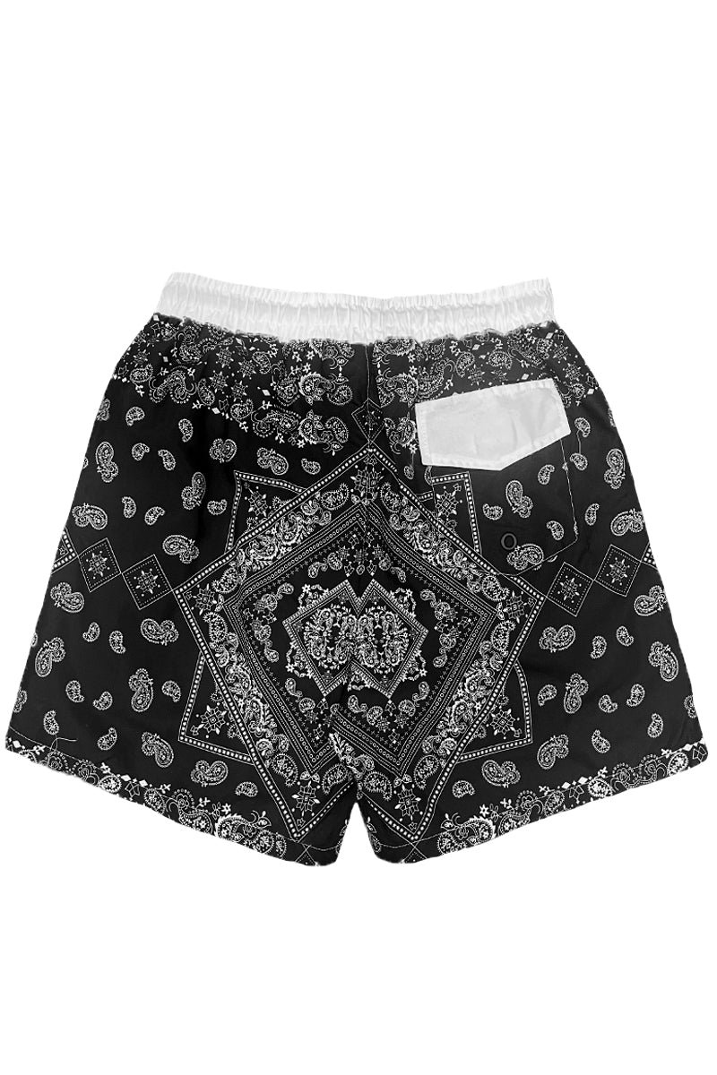 Vibrant paisley print swim shorts with mesh lining and pockets, perfect for summer beach outings.