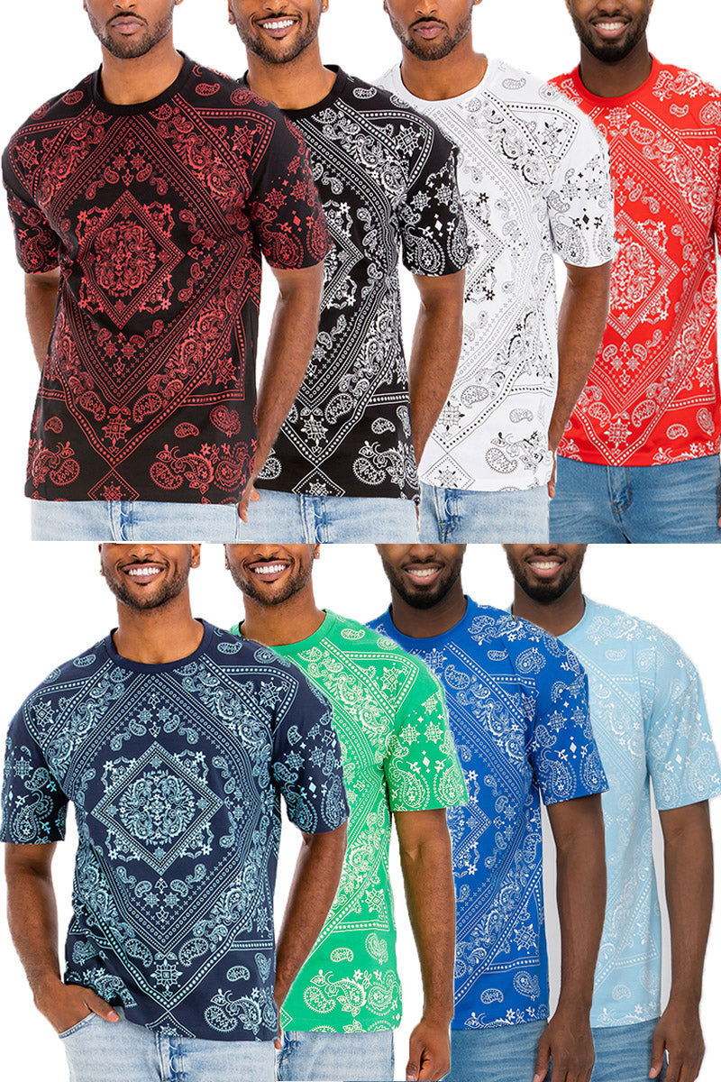 A stylish paisley print T-shirt made of 100% cotton, featuring a round neck and straight hem, perfect for casual wear.