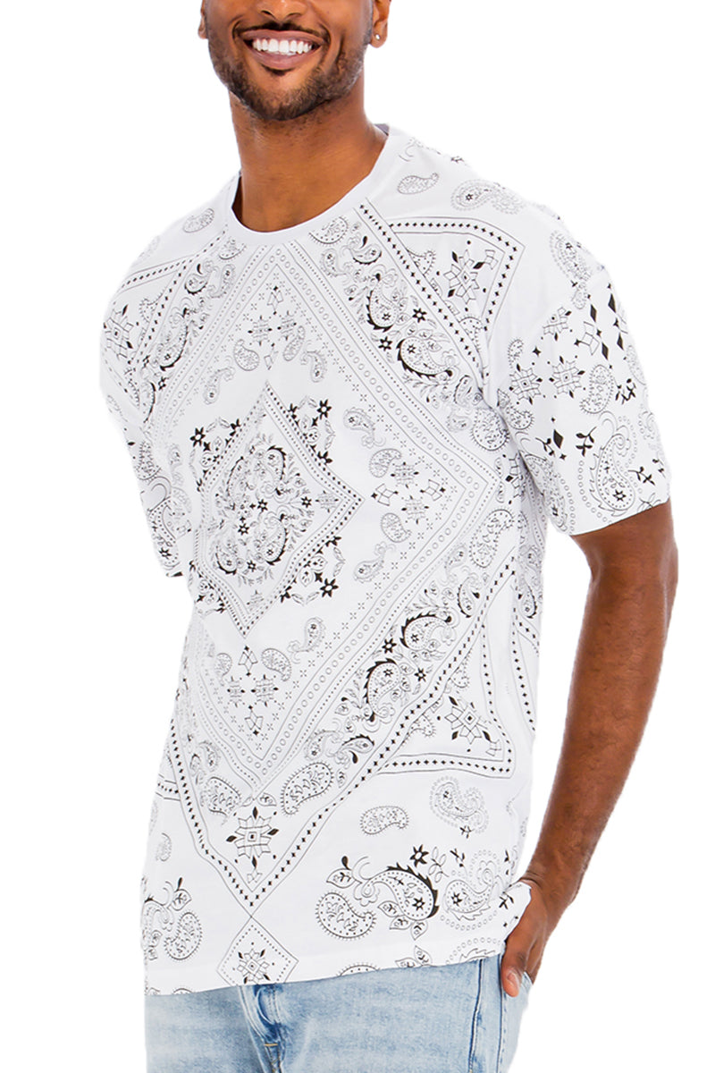 A stylish paisley print T-shirt made of 100% cotton, featuring a round neck and straight hem, perfect for casual wear.