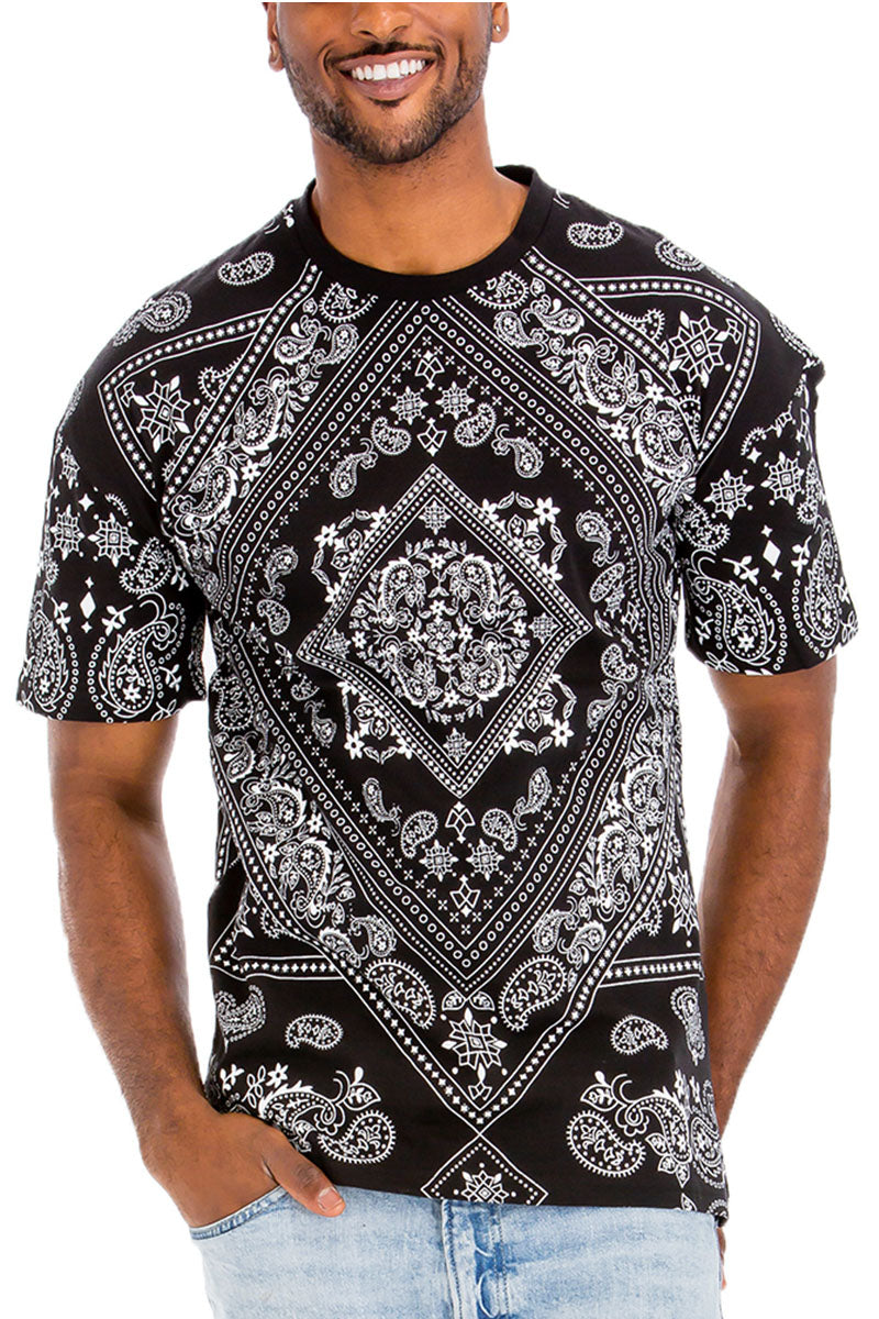 A stylish paisley print T-shirt made of 100% cotton, featuring a round neck and straight hem, perfect for casual wear.