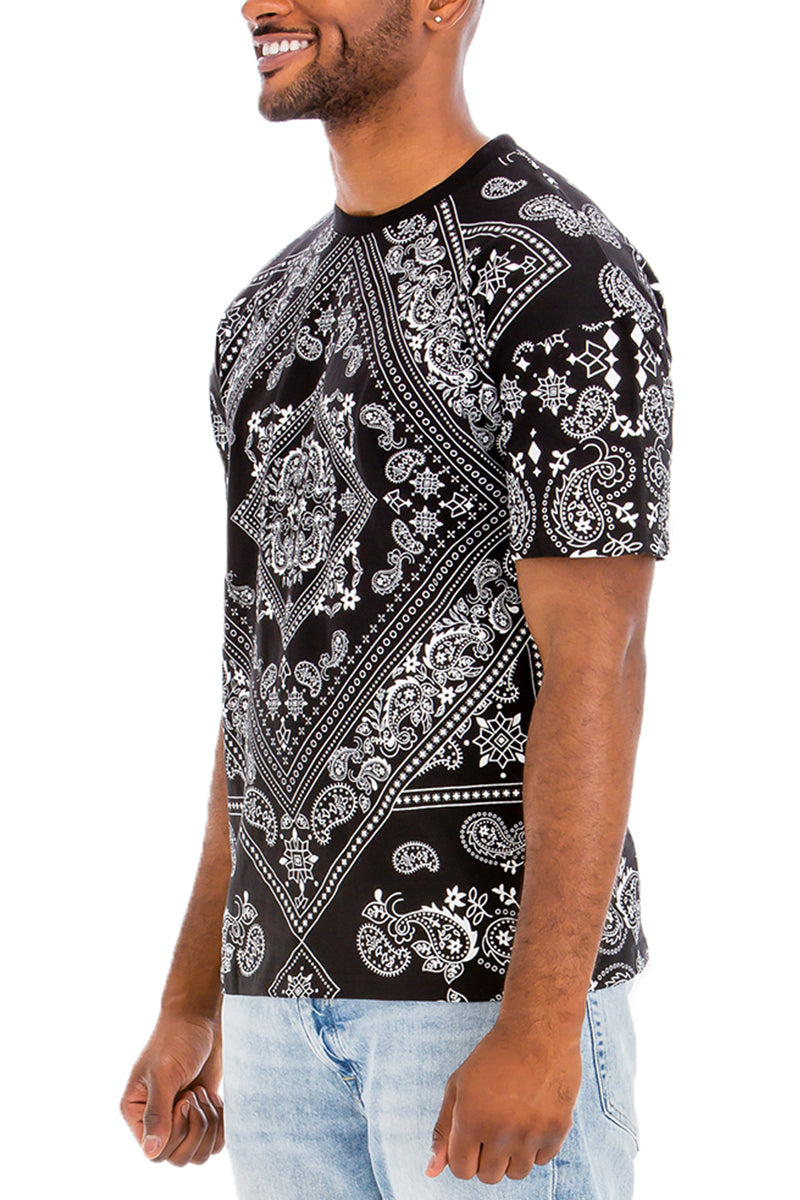 A stylish paisley print T-shirt made of 100% cotton, featuring a round neck and straight hem, perfect for casual wear.