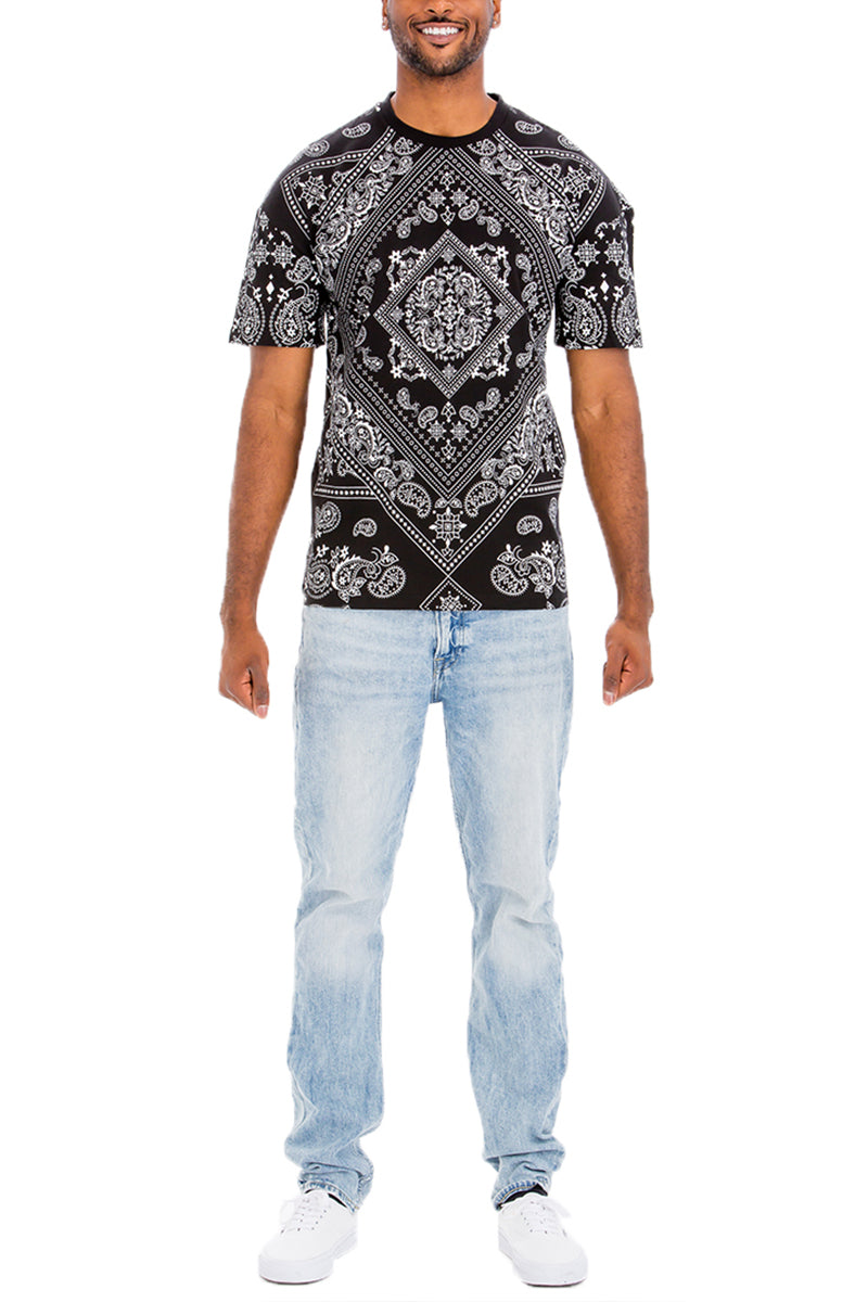 A stylish paisley print T-shirt made of 100% cotton, featuring a round neck and straight hem, perfect for casual wear.